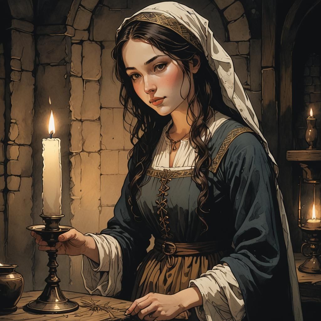 Medieval Woman in Candlelight: Romantic Illustration