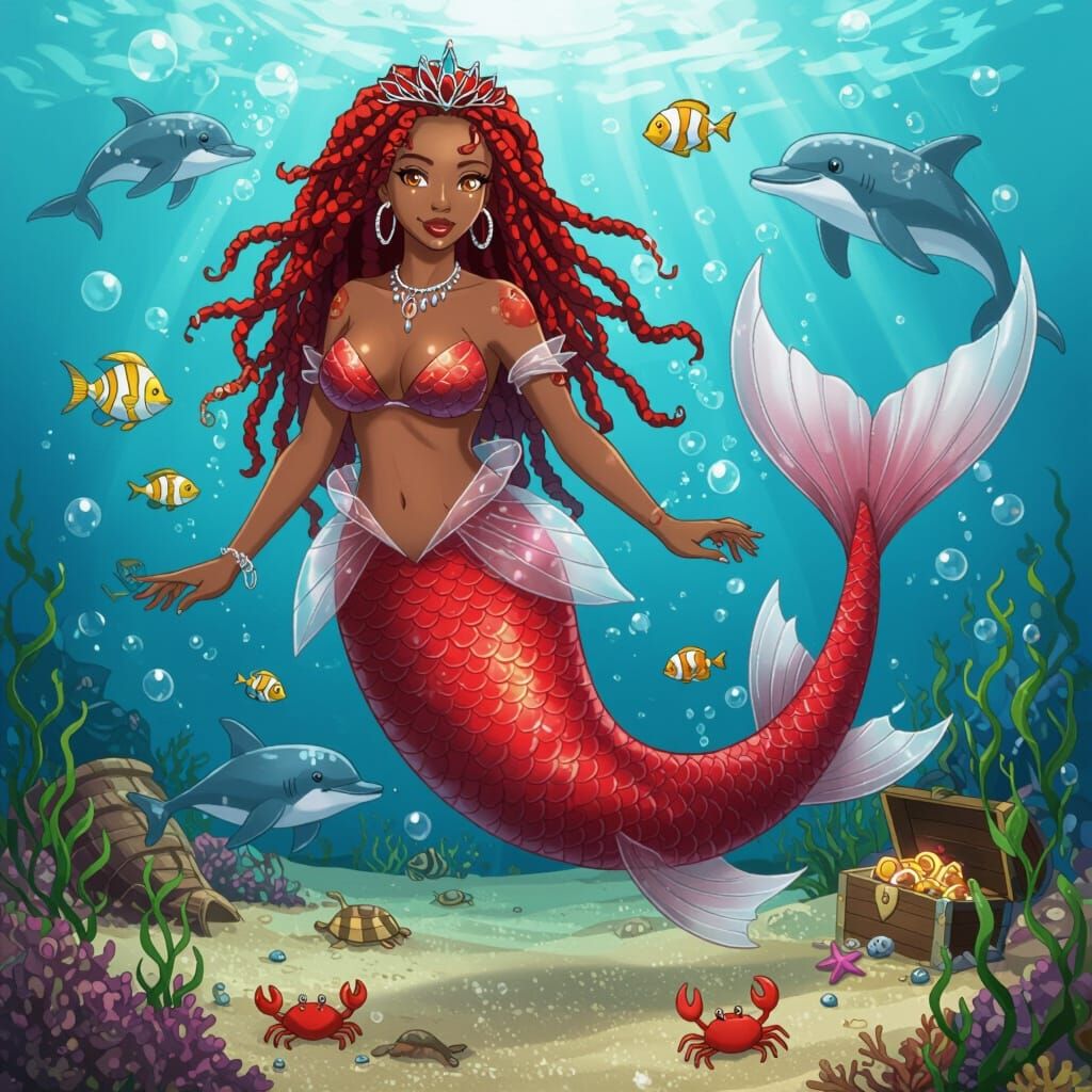 Beautiful Red Mermaid in Anime Style