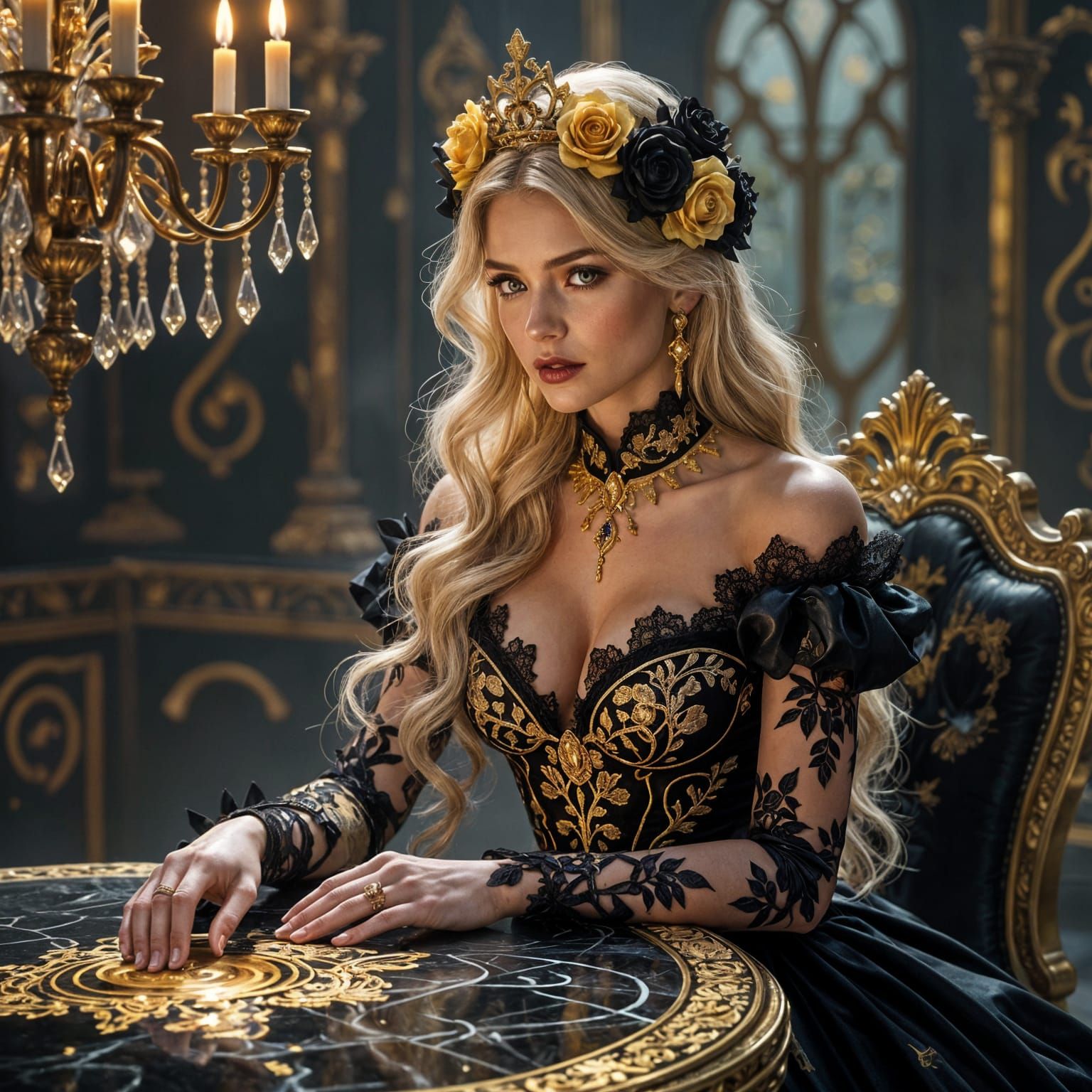 Lady Midas Transforms Table to Gold in Dark Fantasy Art