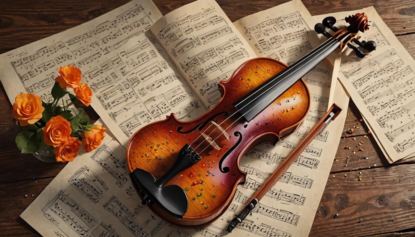 Harmonious Pointillist Still Life of Violin and Music