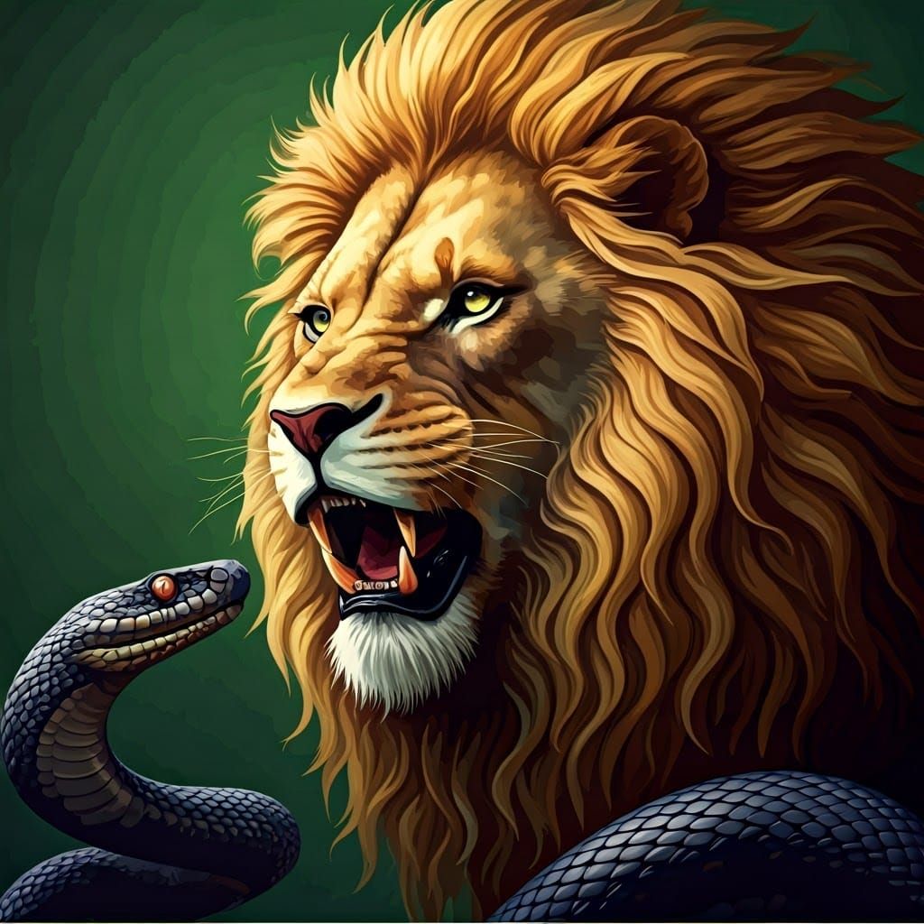 Golden Lion Roars at Snake on Green Background