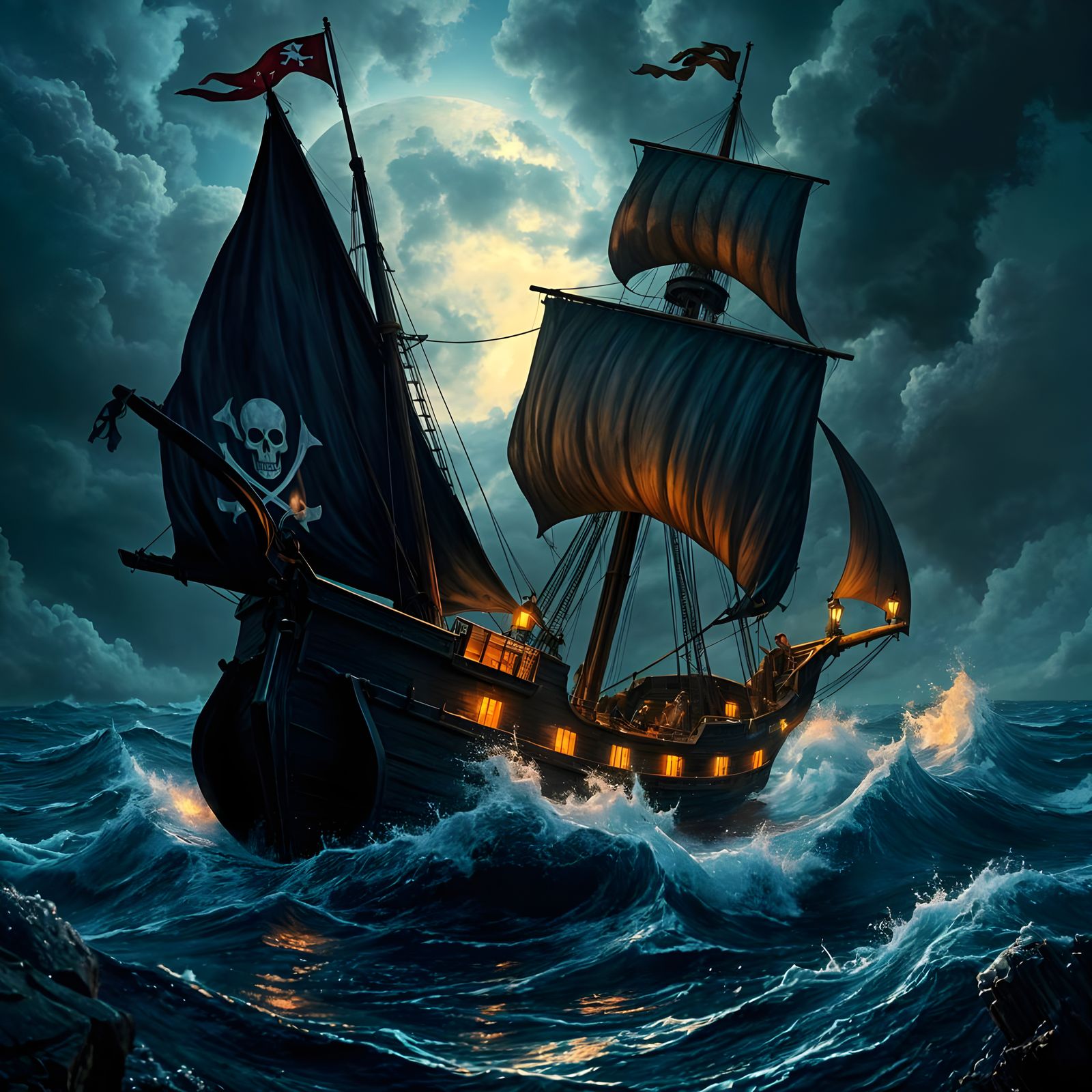 Pirate Ship Plows Through Turbulent Stormy Seas Under a Haun...