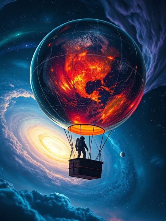 Surrealist Hot Air Balloon Drifts Through a Broken Glass Pla...