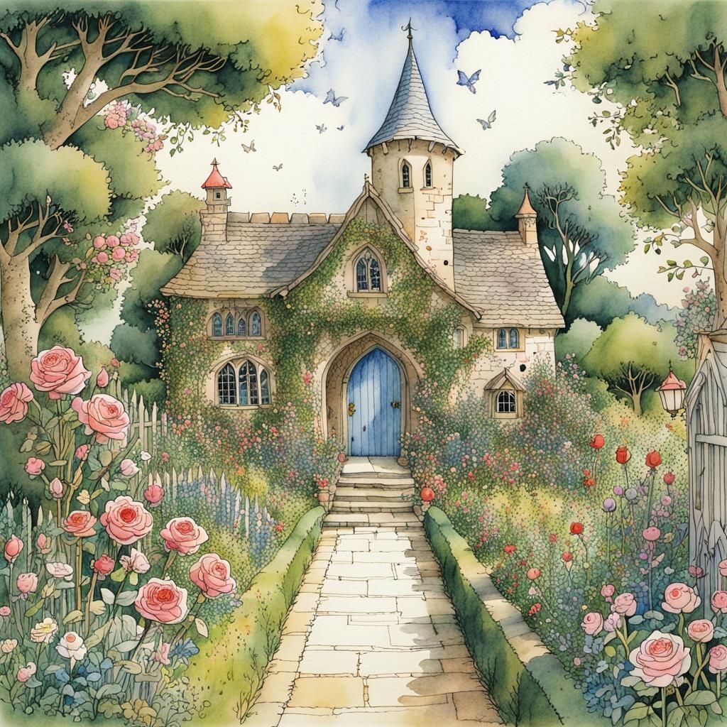 Medieval House in Rose Garden: Storybook Illustration