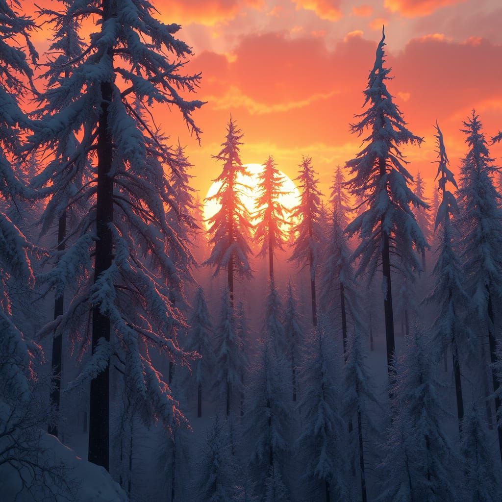 Surreal Sunset Forest in Muted, Matte Style