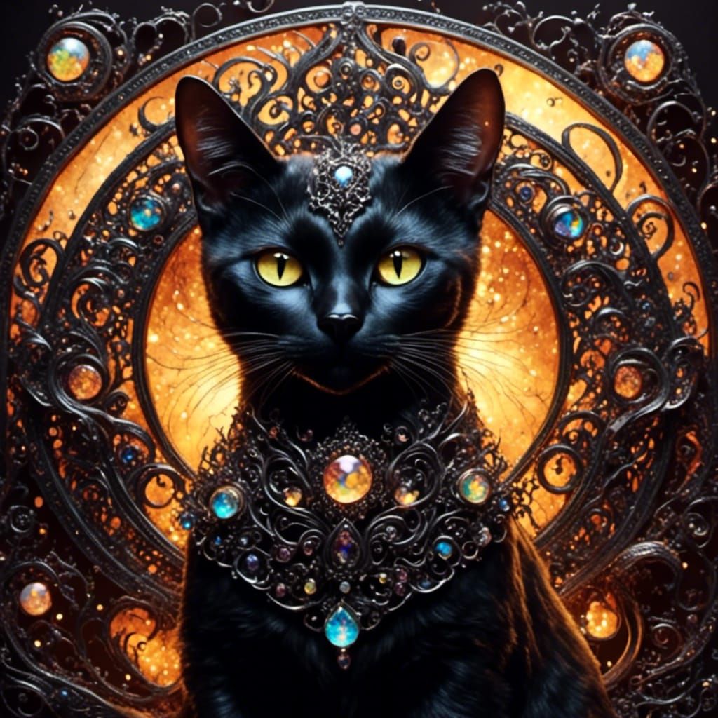 Ethereal Black Cat with Zentangle Patterns