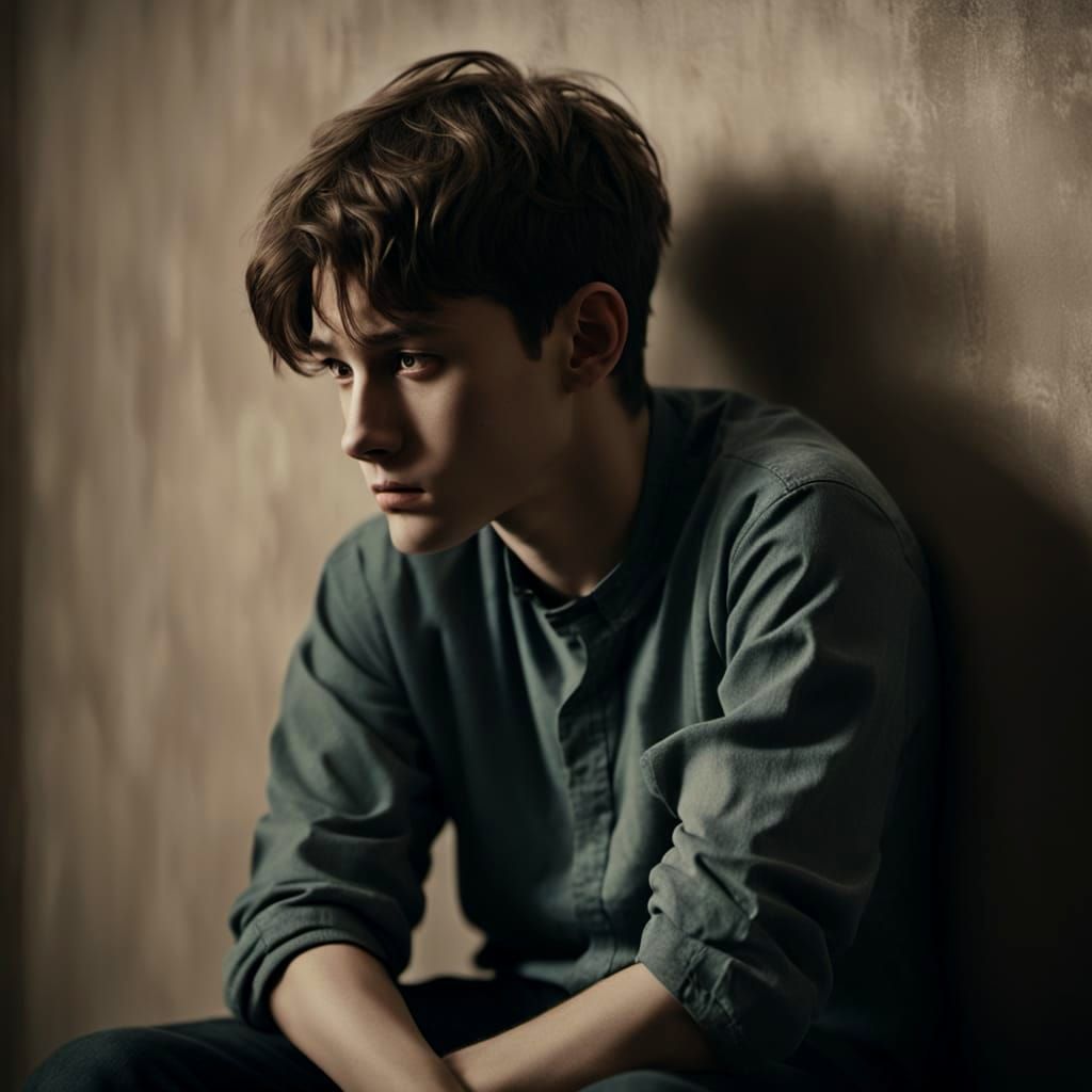Sad and Lonely Boy Sitting by a Wall