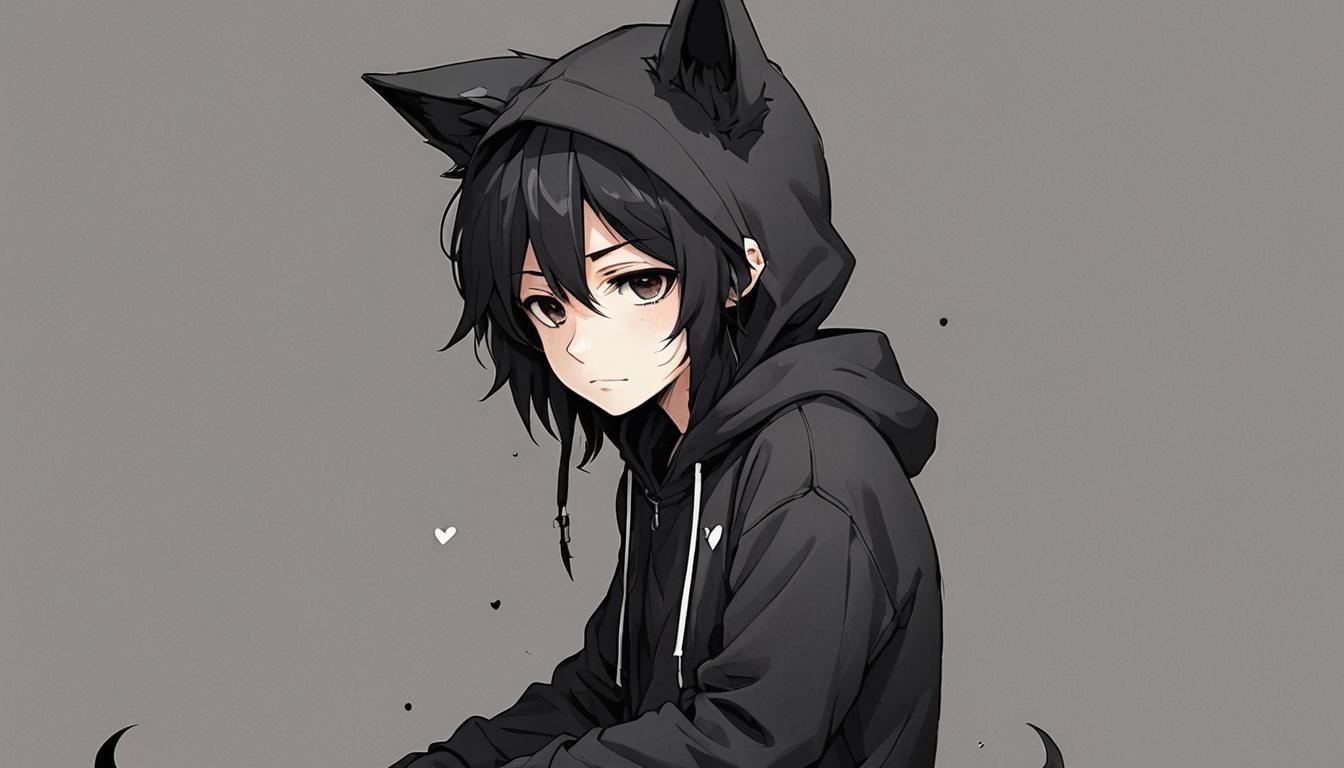 Anime Furry Boy with Black Hoodie and Broken Heart