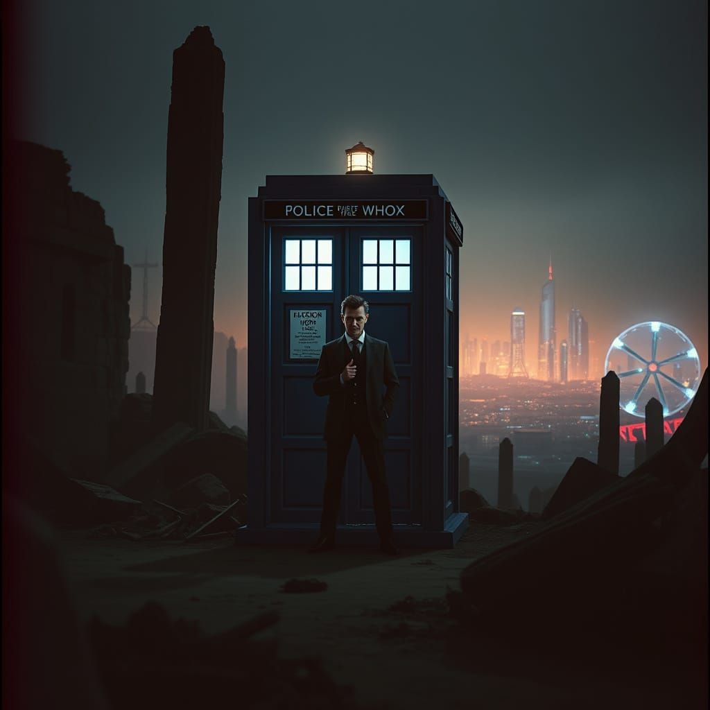 Dr. Who's TARDIS Between Ruins and Neon Skyline