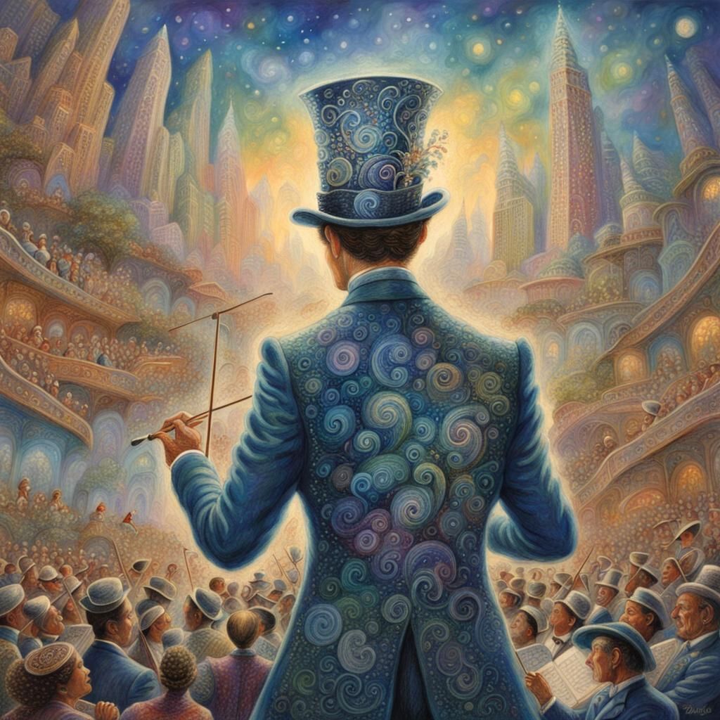 A close-up of a conductor wearing a zentangle tophat and tails conducts an orchestra at Radio City Music Hall in the sty...