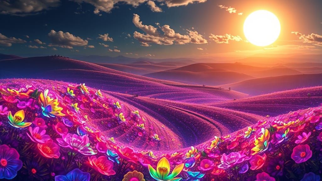 Bioluminescent Flowers in Infinite Field, Hyperrealistic Sty...