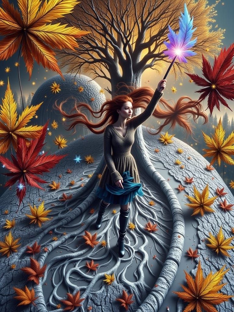Enchanted Autumn Forest Scene With Magical Woman