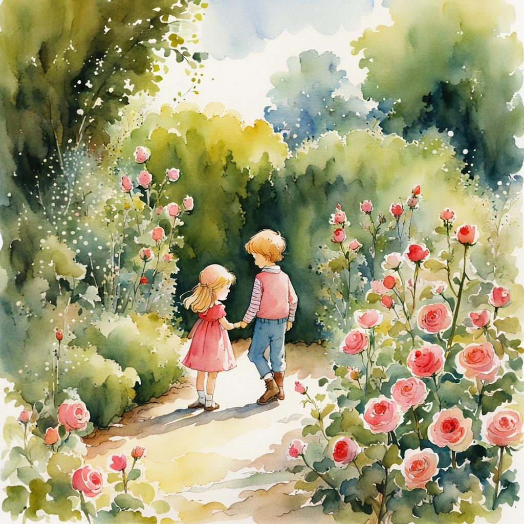 Brother and Sister in Rose Garden Watercolor