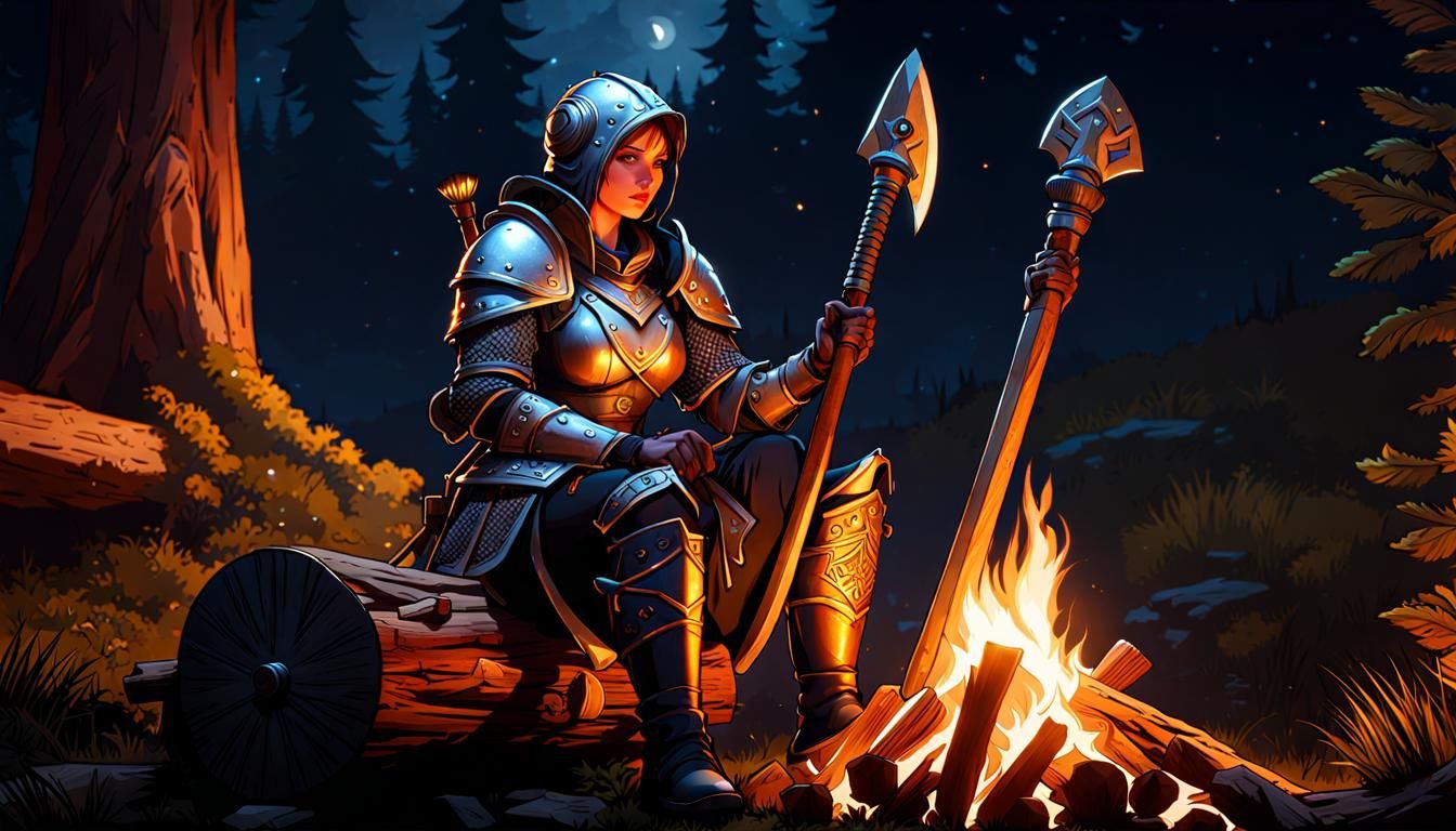 Mielikki in Armor Sharpening Axe, Alphonse Mucha Style