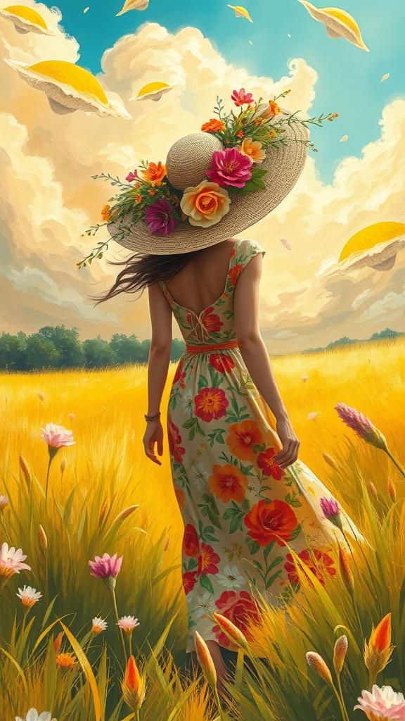 Woman in Floral Dress in Sun-Drenched Meadow