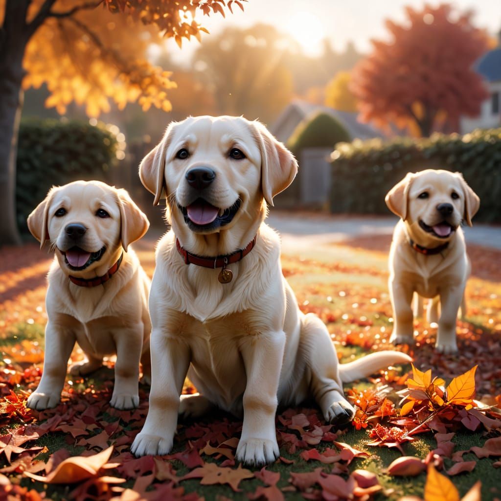 Adorable Puppies Play with Toddler in Autumn Leaves