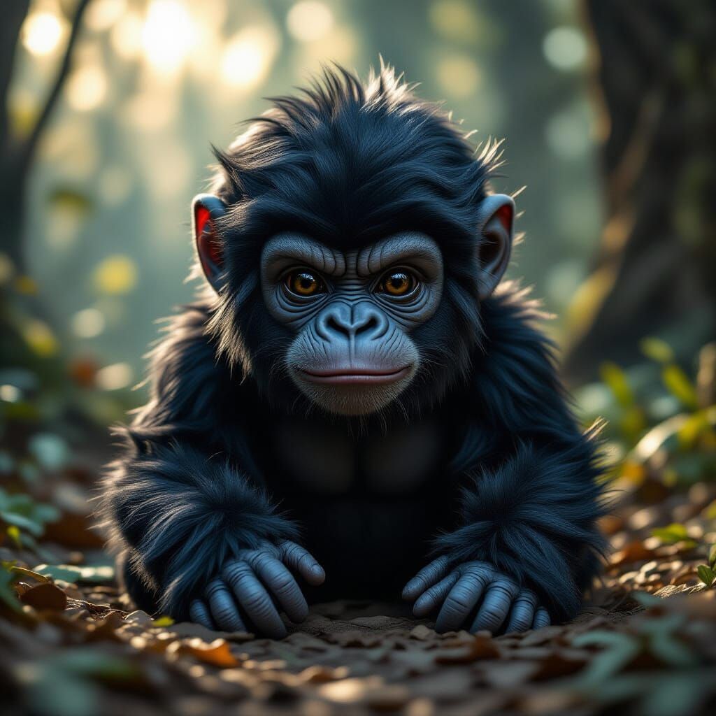 Creepy Cute Alien Gorilla Baby in Dramatic Cinematic Lightin...