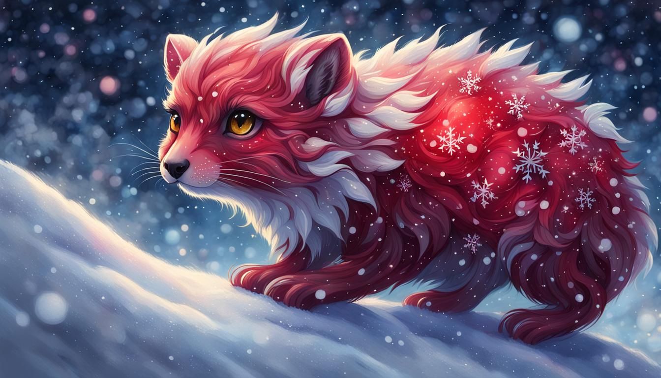 Ruby Diamond Creature in Snowy Sunset Scene