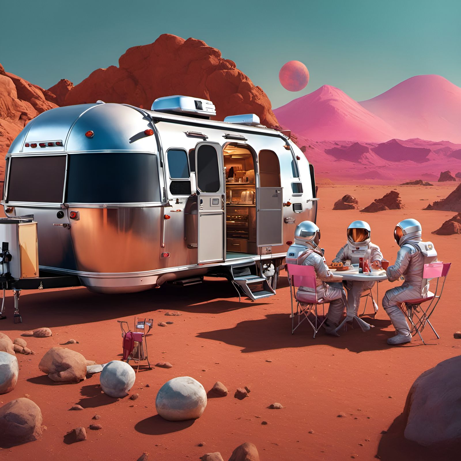 Martian Cookout with Airstream in Retrofuturism Style