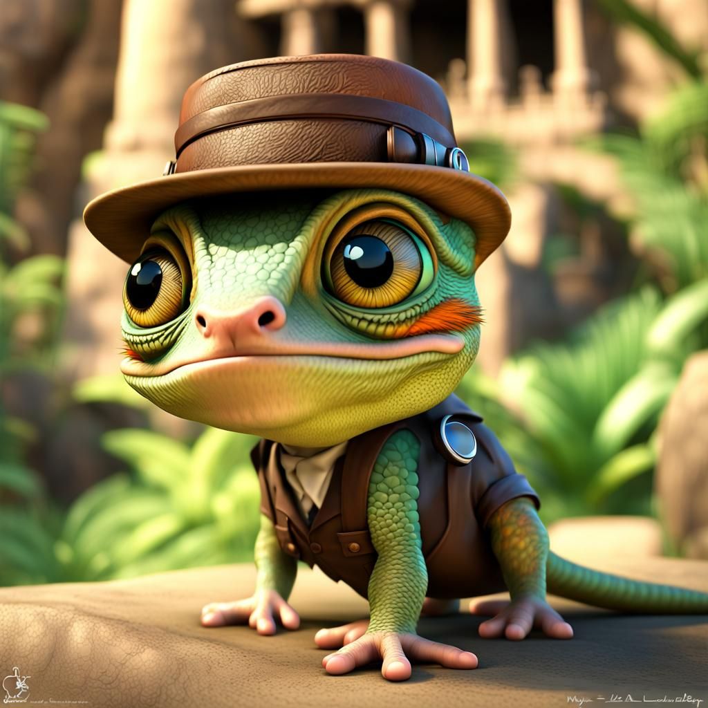 Kawaii Chibi Chameleon Indiana Jones at Mayan Temple