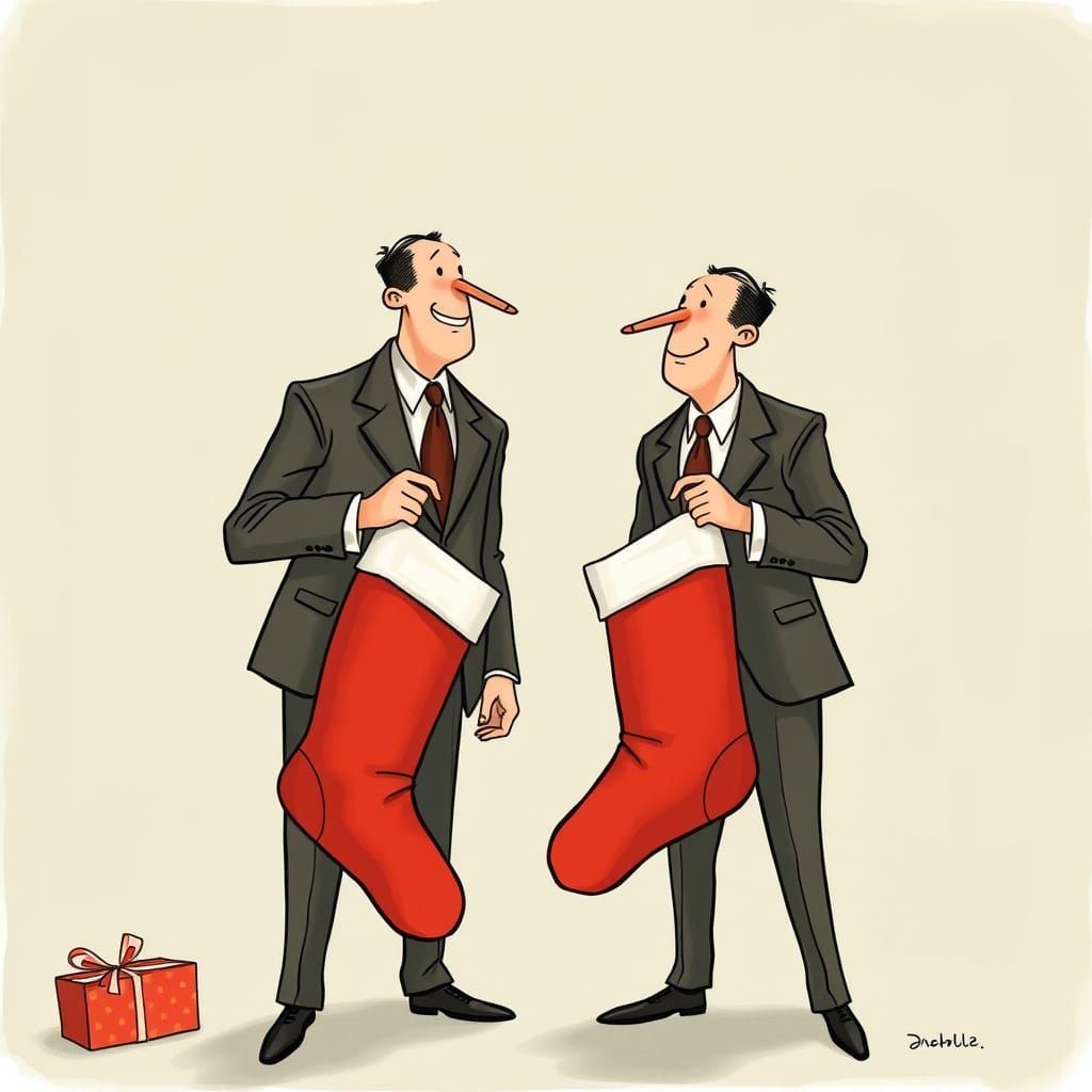 Two Businessmen Handing Christmas Stockings in Suits