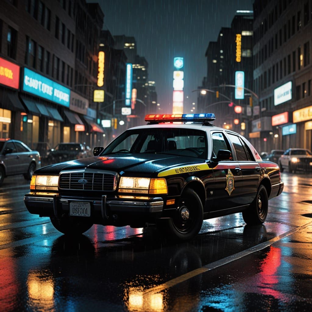 Sleek Police Cruiser Speeds Through Wet City Night