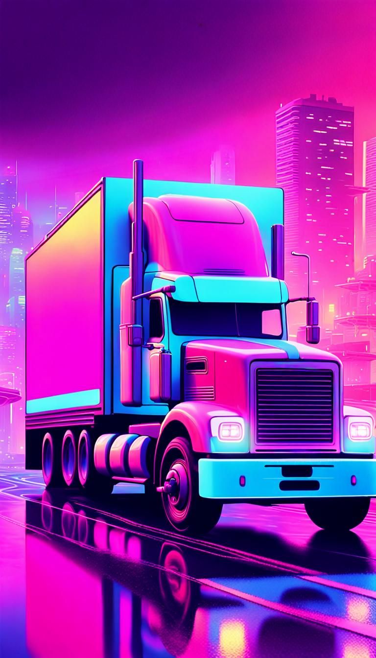 Retro-Futuristic Truck Unloading in Vaporwave Style