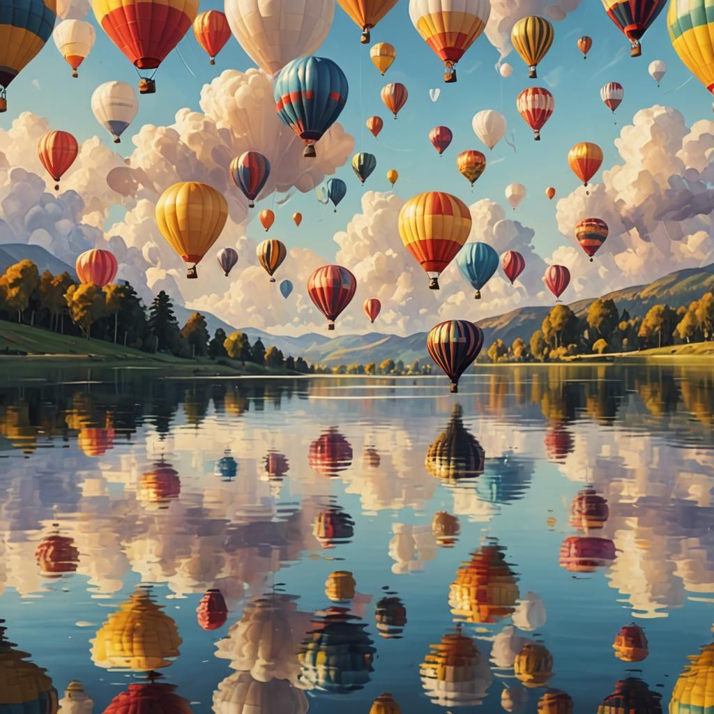 Hot Air Balloons Over Serene Lake as Oil Painting