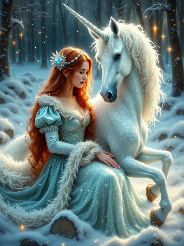 Ethereal Medieval Woman with Unicorn in Frosty Fantasy Land