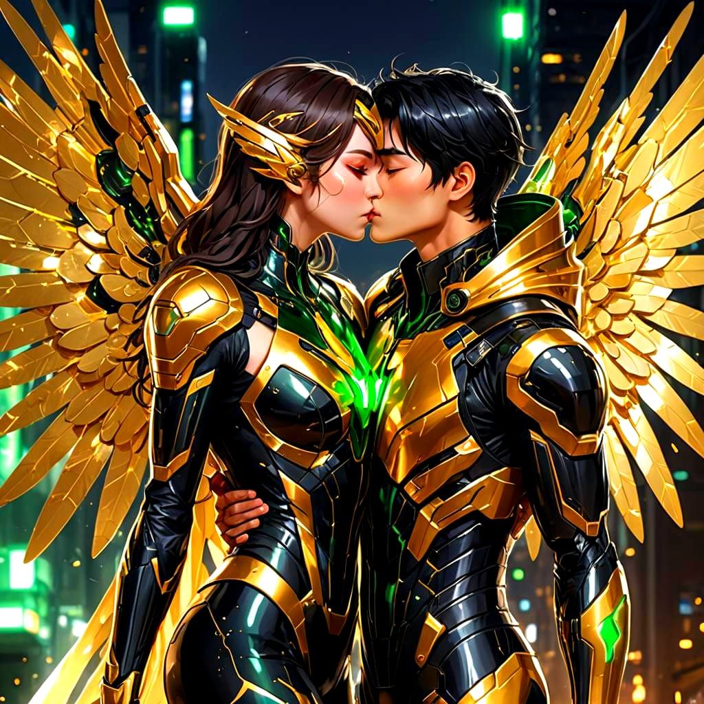 Cybernetic Superheroes Kissing in Cyberpunk Style