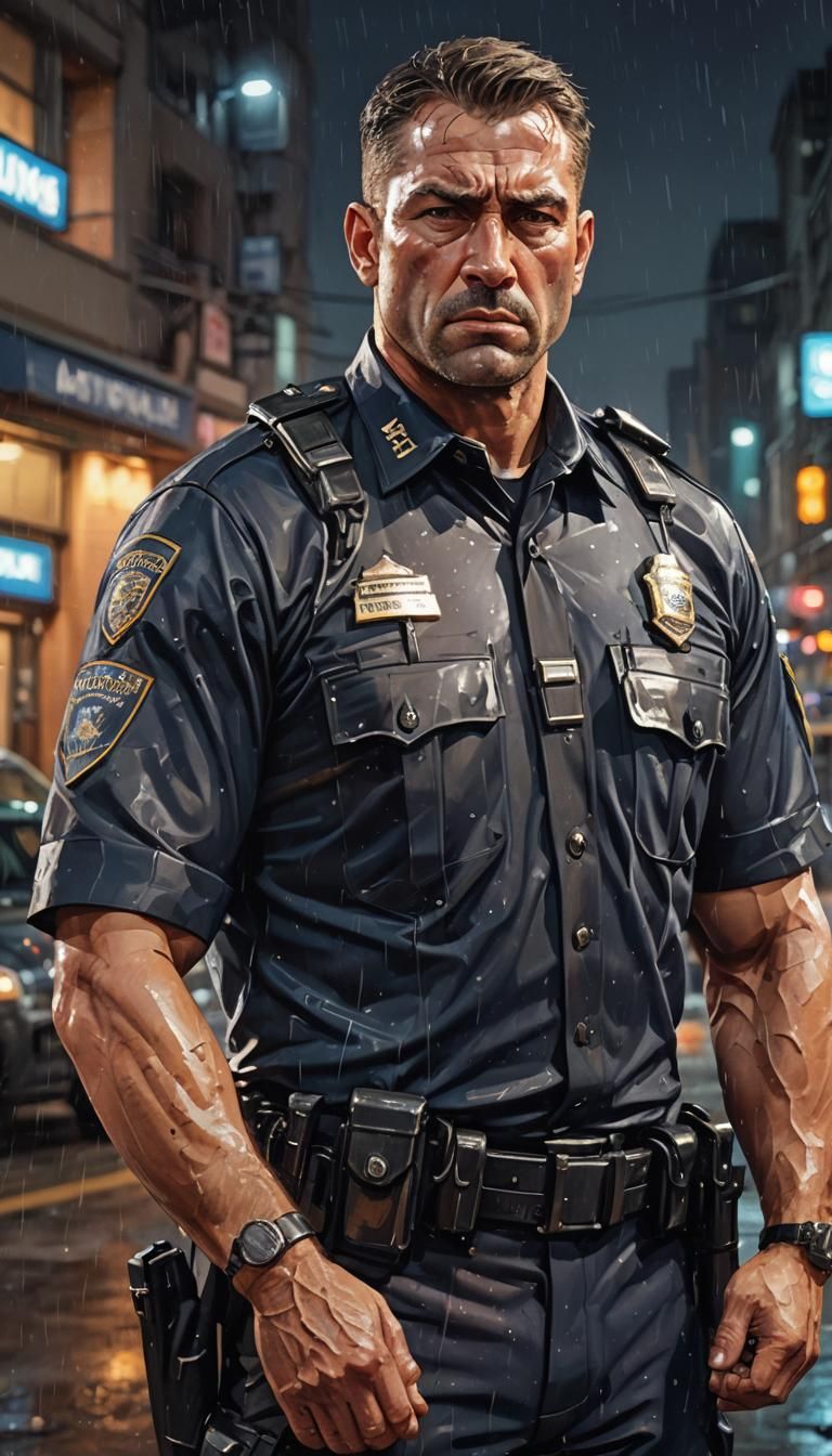 Sad Policeman at Station in Hyperrealistic Style