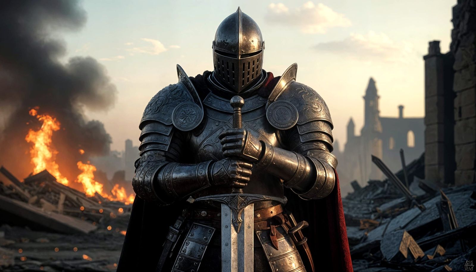 Knight in Dark Armor Prayers Amidst Fiery Ruins