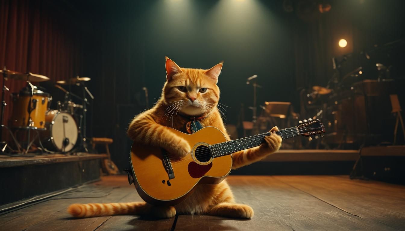Surreal Orange Cat Performs on a Dimly Lit Stage in a Cinema...