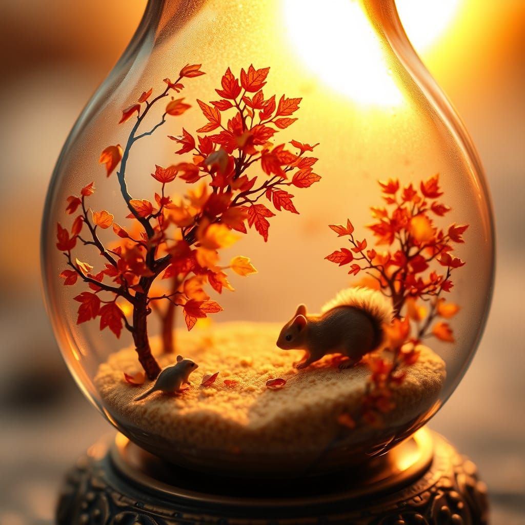 Miniature Autumn Scene in Golden Hourglass