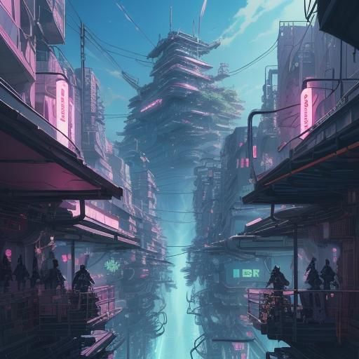 Surreal Cyberpunk Cityscape with Mercenary Fighters