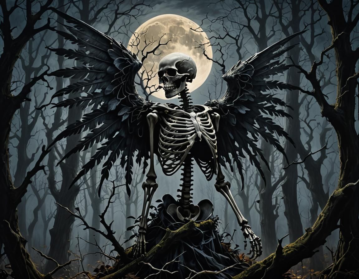 Gothic Skeleton with Raven Wings in Dark Forest