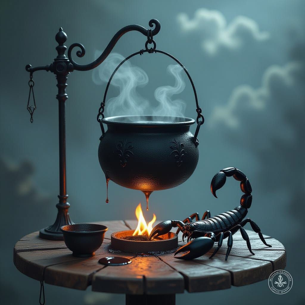 Ornate Black Cauldron with Scorpion, Dark Digital Art