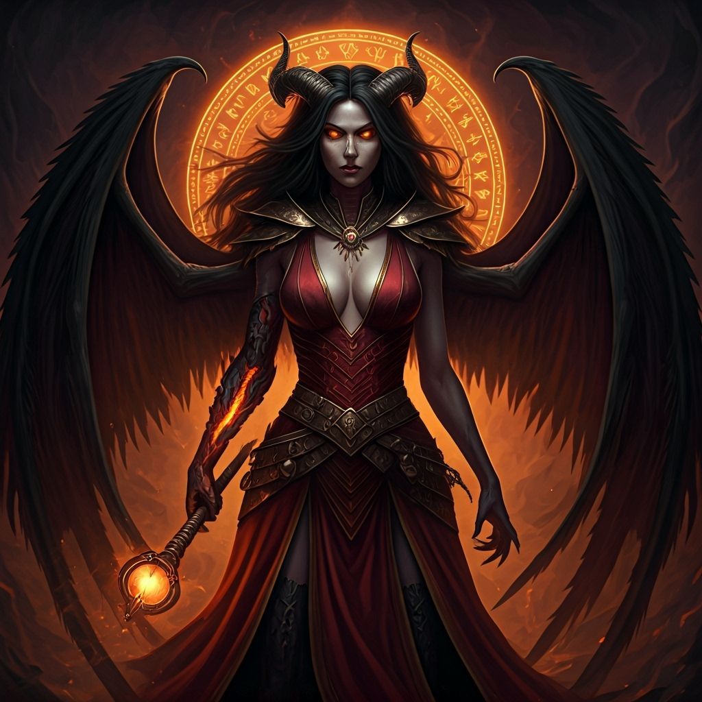 Dark Sorceress with Glowing Staff in Fantasy Setting