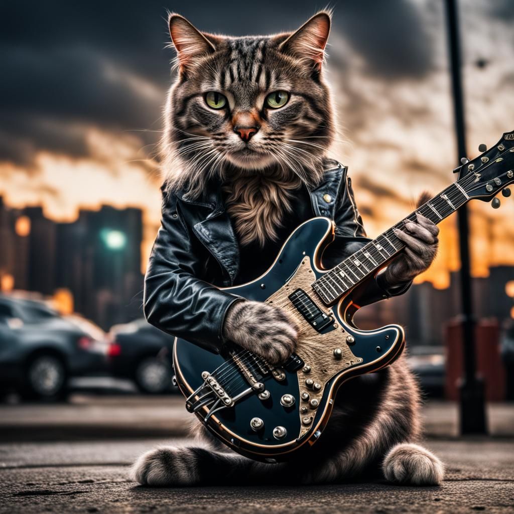 Hyperrealistic Rock and Roll Cat with Intricate Details