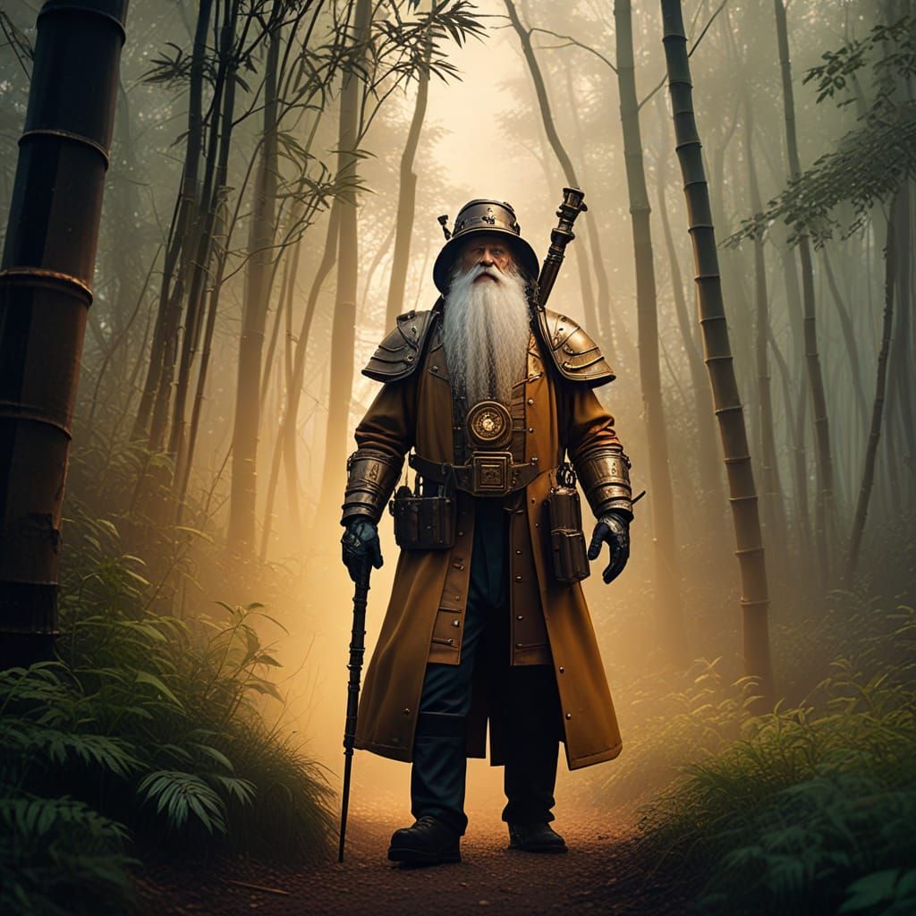 Steampunk Wizard in Misty Bamboo Forest