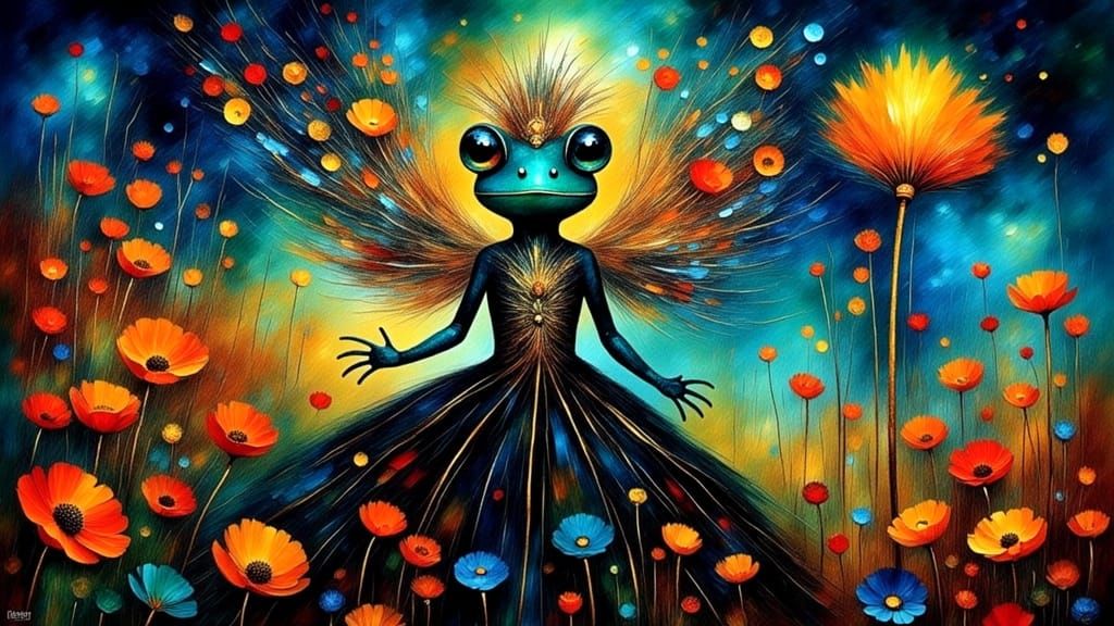 Surrealist Oil Painting of Enchanted Frog in Gold and Black ...