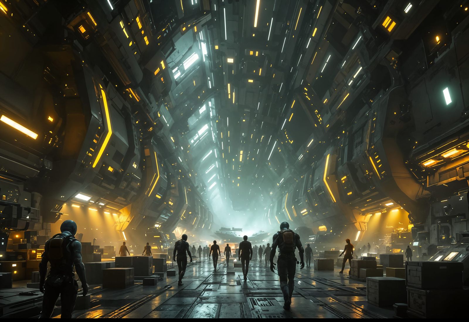 A scifi space ship cargo bay of incredibly large proportions...