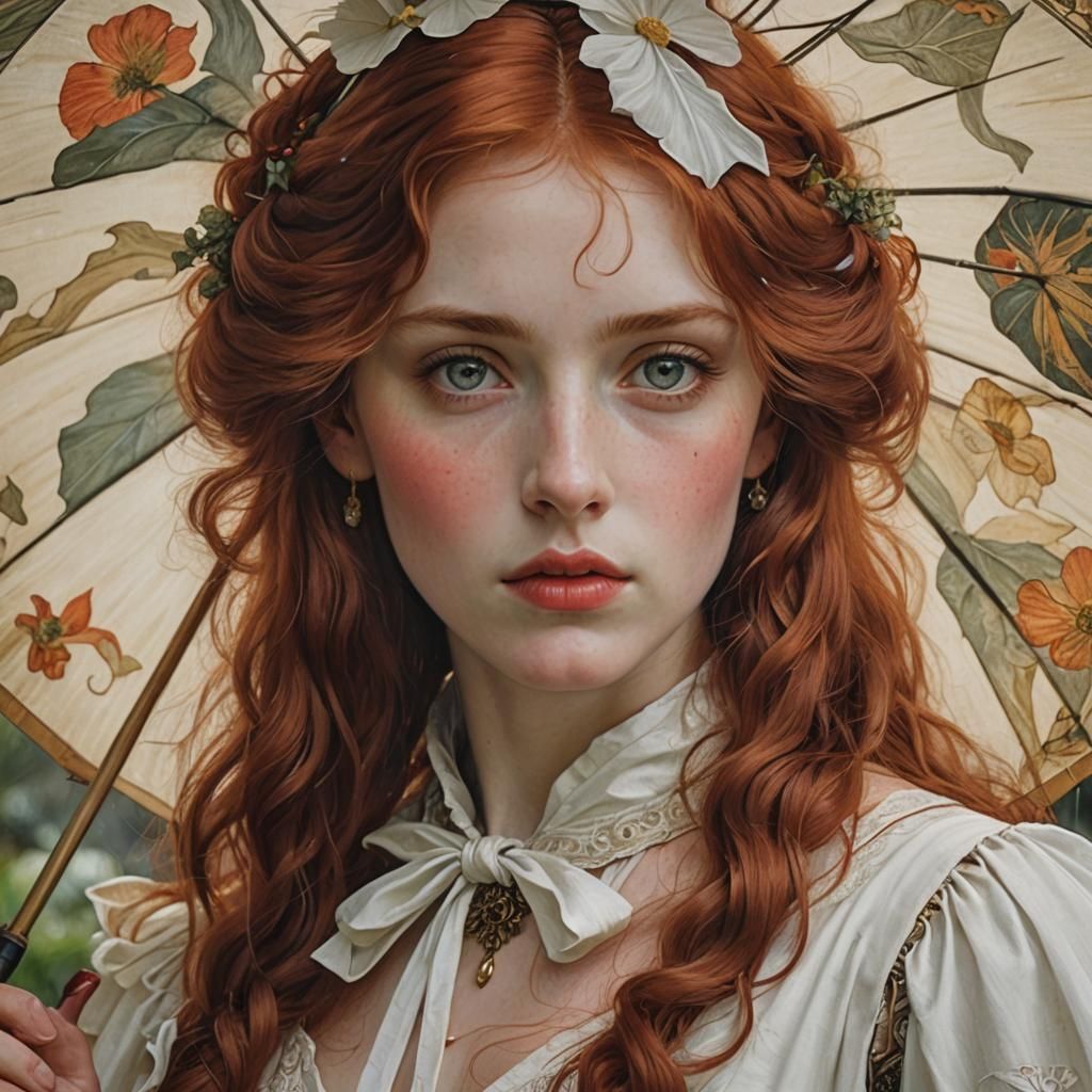 Pre-Raphaelite Woman with Red Hair and Umbrella