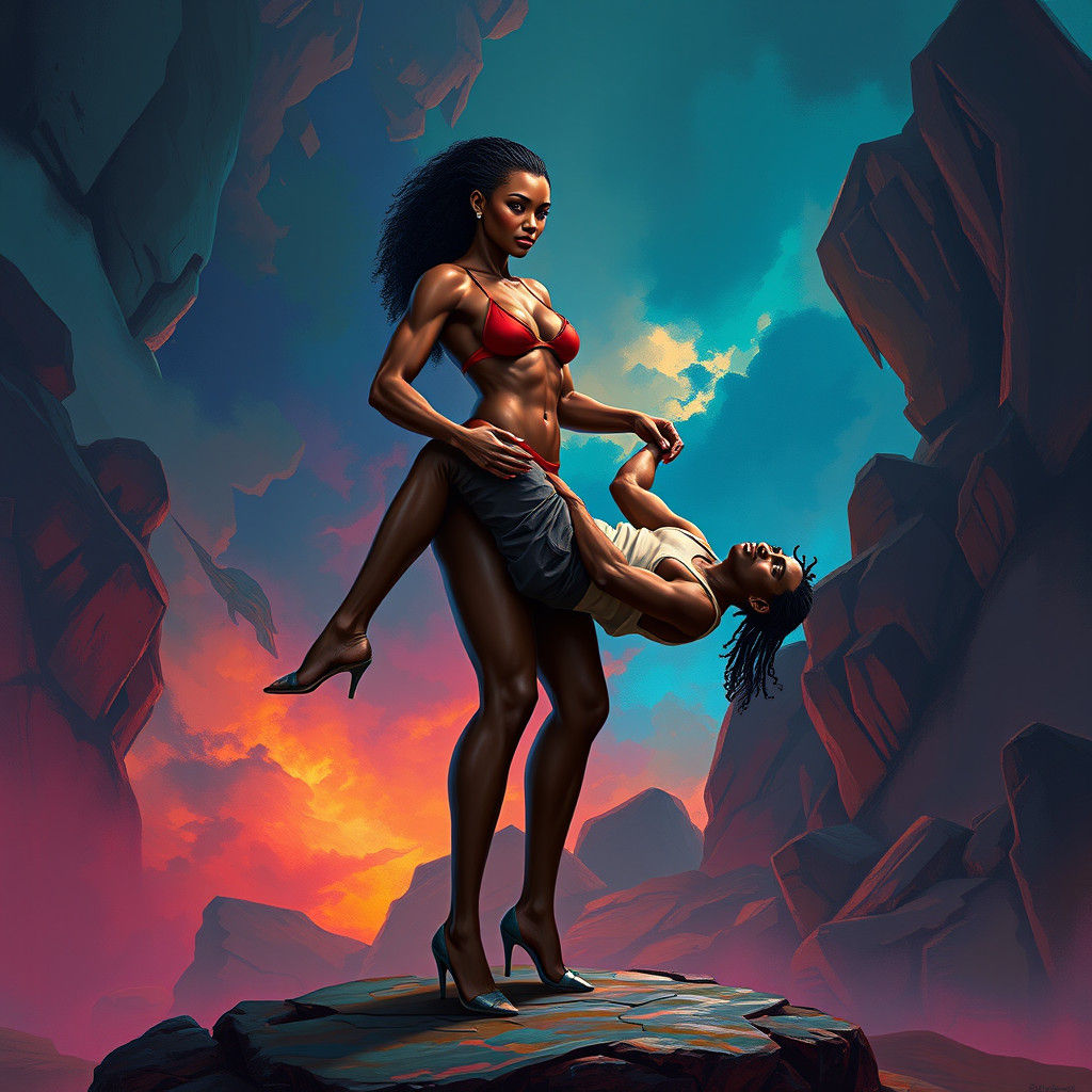 Powerful Woman Carries Man in Fantasy Art