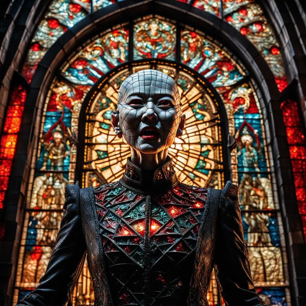 Hyperrealistic Asian Female Pinhead Amid Shattered Glass