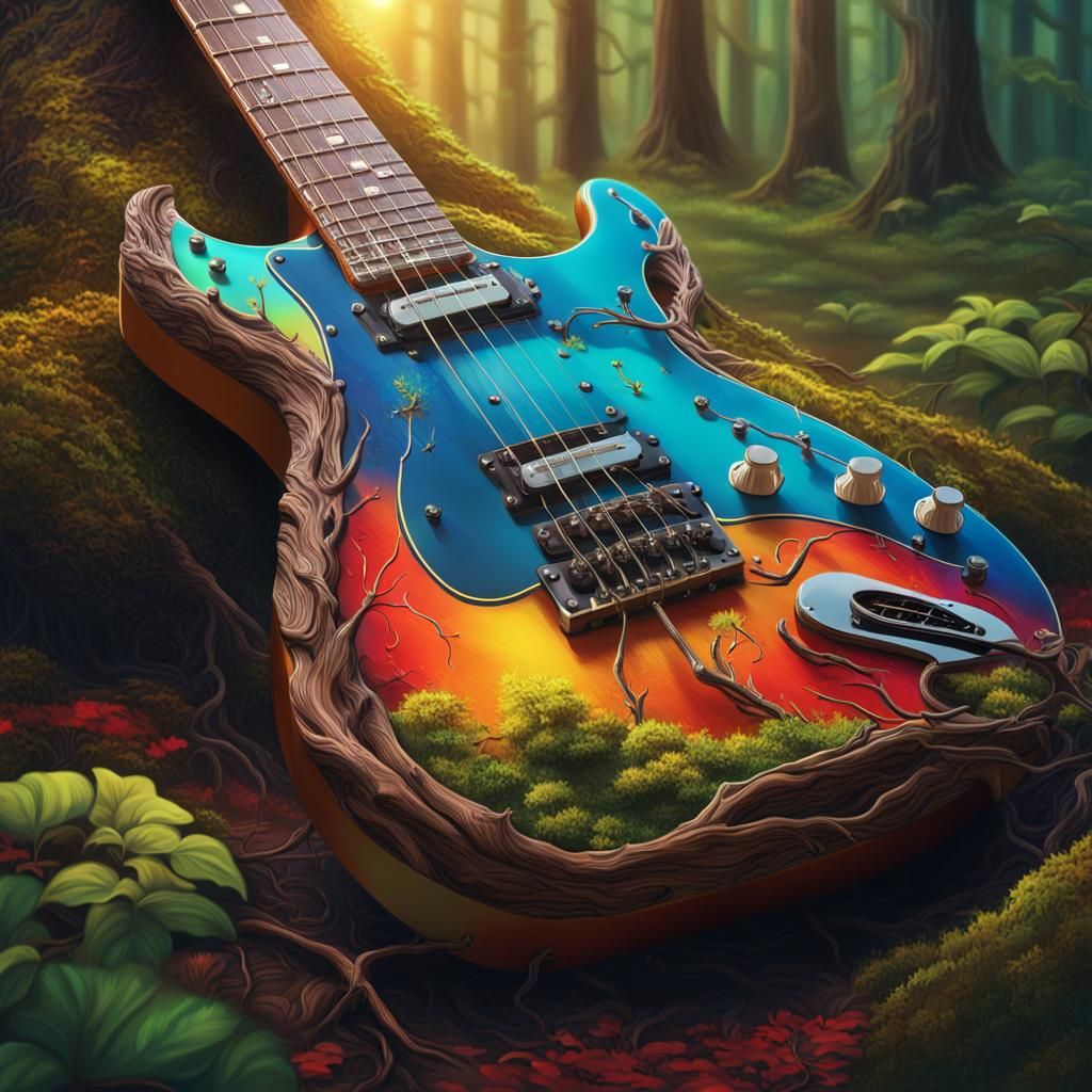 Electric Guitar Emerges in Forest, Hyperrealistic Splash Art