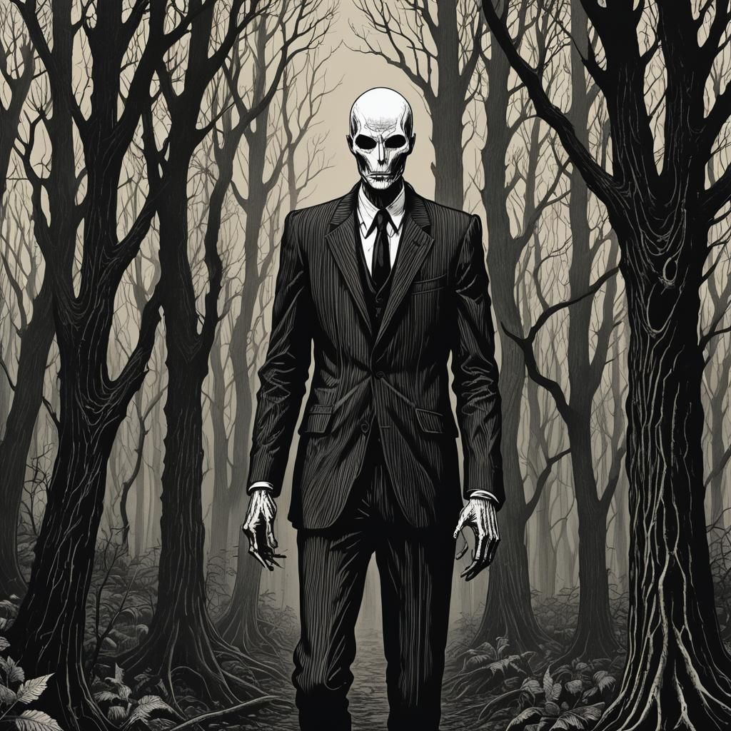 Ominous Slender Man in Dark Forest: Gothic Line Art