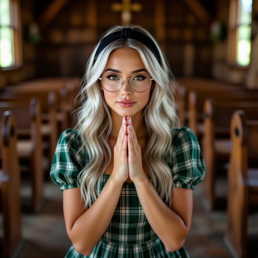 French Girl Kneeling in Rustic Chapel, Soft Natural Light