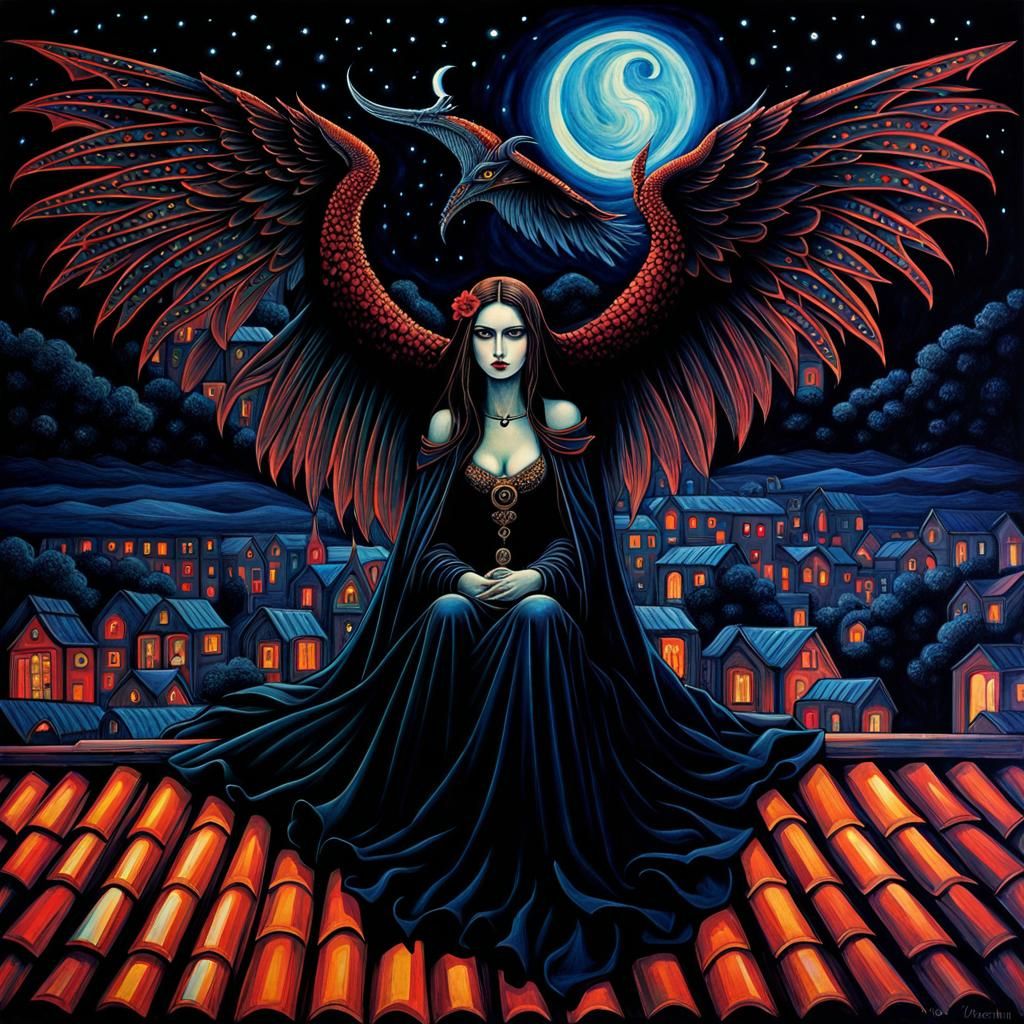 Gothic Angel Vampire Witch on Rooftop, Surreal Art