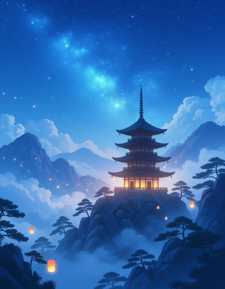 Sacred Pagoda Under Starry Sky on Misty Mountain